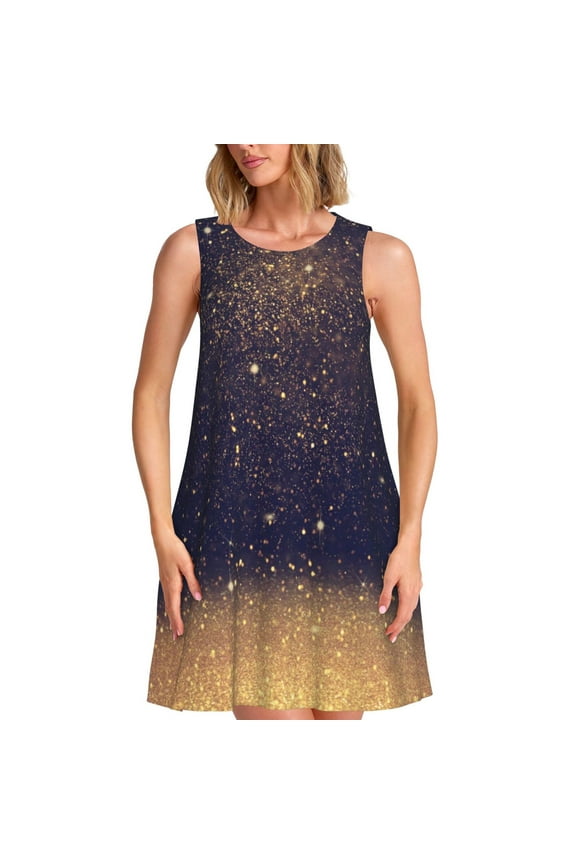 Gold Black Glitter Print Women’s Sleeveless Midi Swing Dress – A-Line Pleated Tank Sundress, Comfortable and Flowy T-Shirt Dress