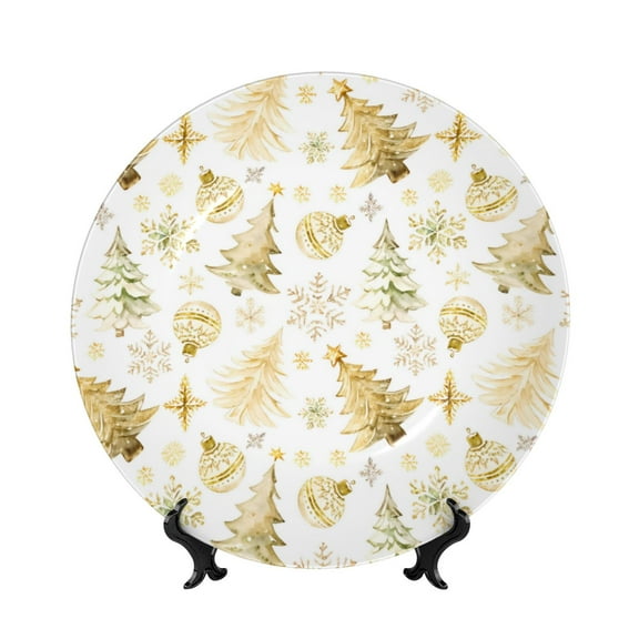 Picia Gold Christmas Tree Pattern Bone China Decorative Plate – Wall Decor with Stand and Adhesive, Elegant Ornament for Living Room, Office, or Entryway-6in