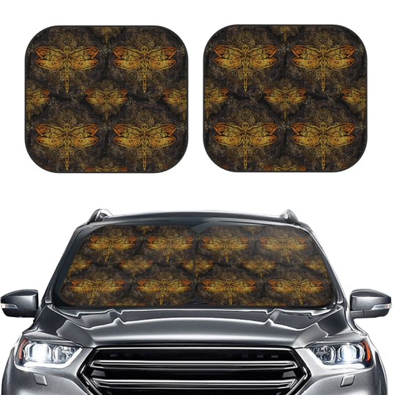 Picia Gold Dragonfly Mandala 2 Piece Car Windshield Sun Shade Foldable | Foldable Sun Shield for Front Window Blocks UV Rays and Keeps Your Vehicle Cool-Small