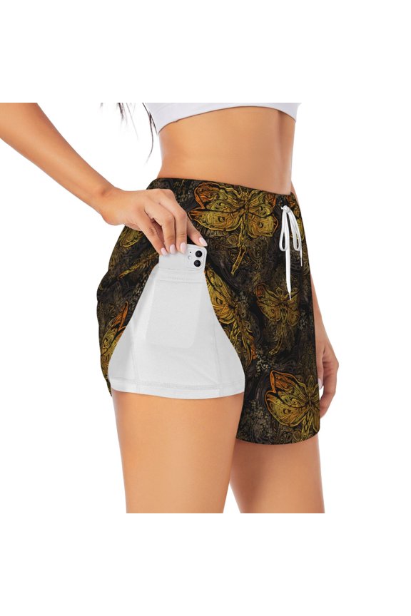 Gold Dragonfly Mandala Pattern Women's 2 in 1 Athletic Running Shorts High Waisted Workout Casual Gym Sweat Shorts with Comfy Liner Zipper Pockets-Medium