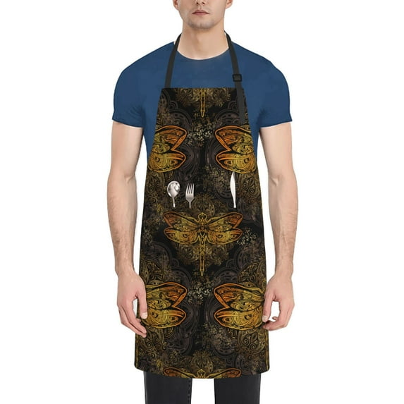 Picia Gold Dragonfly Mandala Waterproof Apron for Unisex Adult - Adjustable Bib Apron with Pockets, Ideal for Cooking, Gardening, Painting, and Household Chores