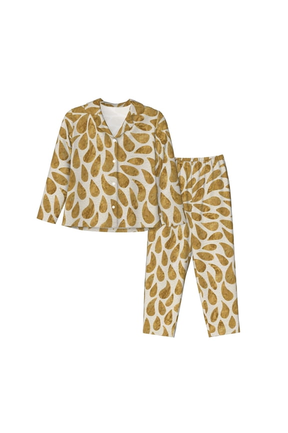 Gold Drops Pattern Women’s Long-Sleeve Sleepwear Set - Soft 2-Piece Loungewear with Pockets, Comfy PJs for Relaxing Nights-Small