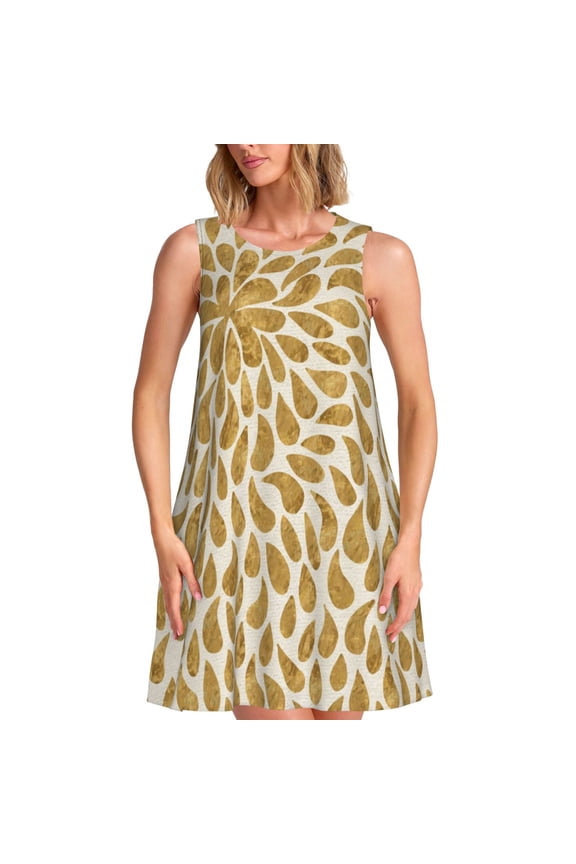 Gold Drops Print Women’s Sleeveless Midi Swing Dress – A-Line Pleated Tank Sundress, Comfortable and Flowy T-Shirt Dress