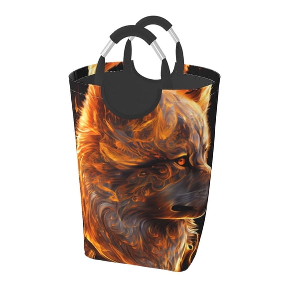 Picia Gold Flame Pattern Wolf Laundry Basket With Handles Laundry Hamper Toys Storage Organizer Foldable Bucket Washing Bin Dirty Clothes Bag For Home Bathroom Bedroom Dorm