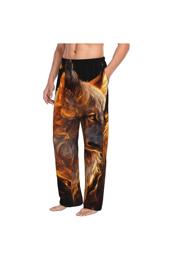 Gold Flame Pattern Wolf Mens Soft Woven Cotton Elastic Waistband Sleep Pajama Pant Lounge Sleep Pant With Pockets And Drawstring-Medium