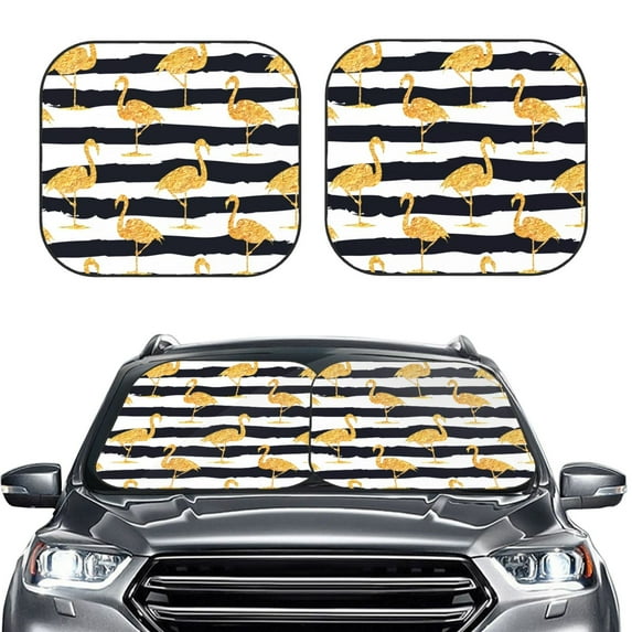 Picia Gold Flamingo 2 Piece Car Windshield Sun Shade Foldable | Foldable Sun Shield for Front Window Blocks UV Rays and Keeps Your Vehicle Cool-Large