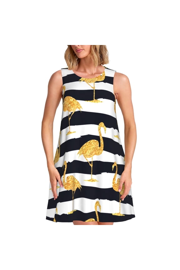 Gold Flamingo Print Women’s Sleeveless Midi Swing Dress – A-Line Pleated Tank Sundress, Comfortable and Flowy T-Shirt Dress