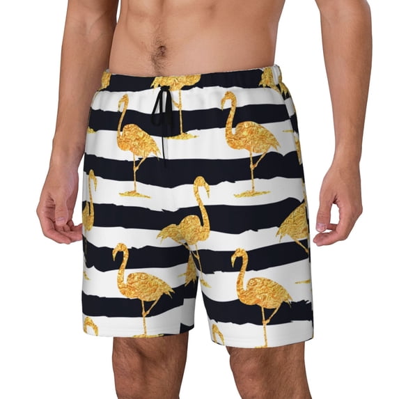 Picia Gold Flamingo pattern Mens Swim Trunks with Compression Liner Stretch Beach Shorts Quick Dry with Zipper Pockets No-Chafing Board Shorts-3X-Large