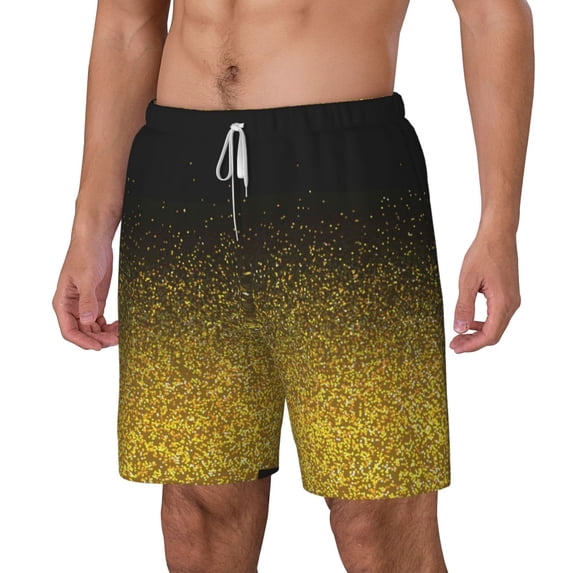 Picia Gold Glitter Gradient pattern Mens Swim Trunks with Compression Liner Stretch Beach Shorts Quick Dry with Zipper Pockets No-Chafing Board Shorts-Small
