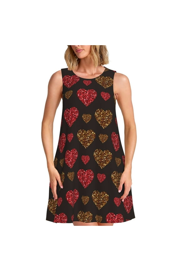 Gold Glitter Heart Print Women’s Sleeveless Midi Swing Dress – A-Line Pleated Tank Sundress, Comfortable and Flowy T-Shirt Dress