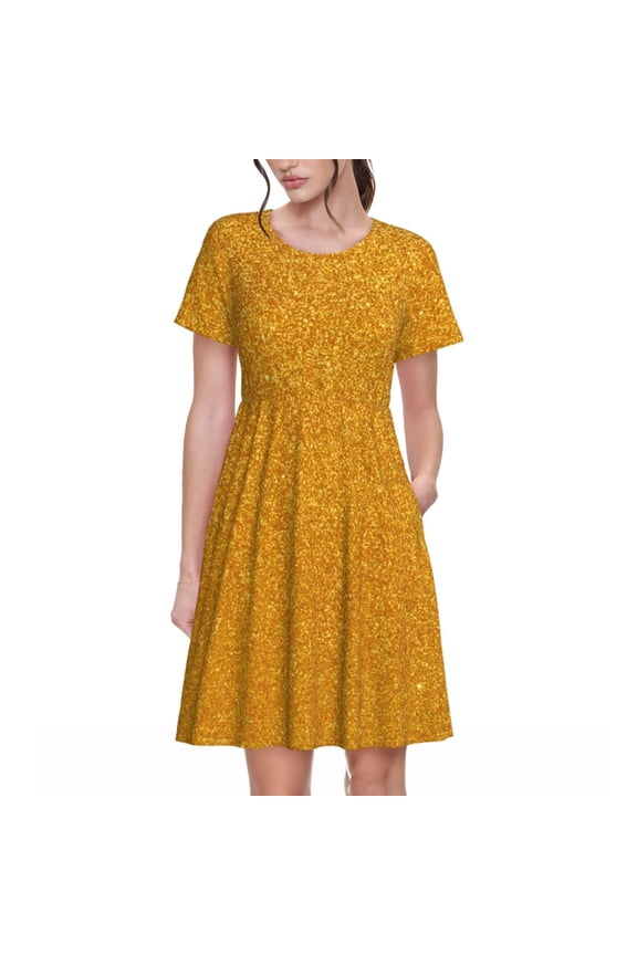 Gold Glitter Pattern Women's Short Sleeve Summer Dress Pleated Loose Swing Knee Length Short Sleeve Swing Dresses
