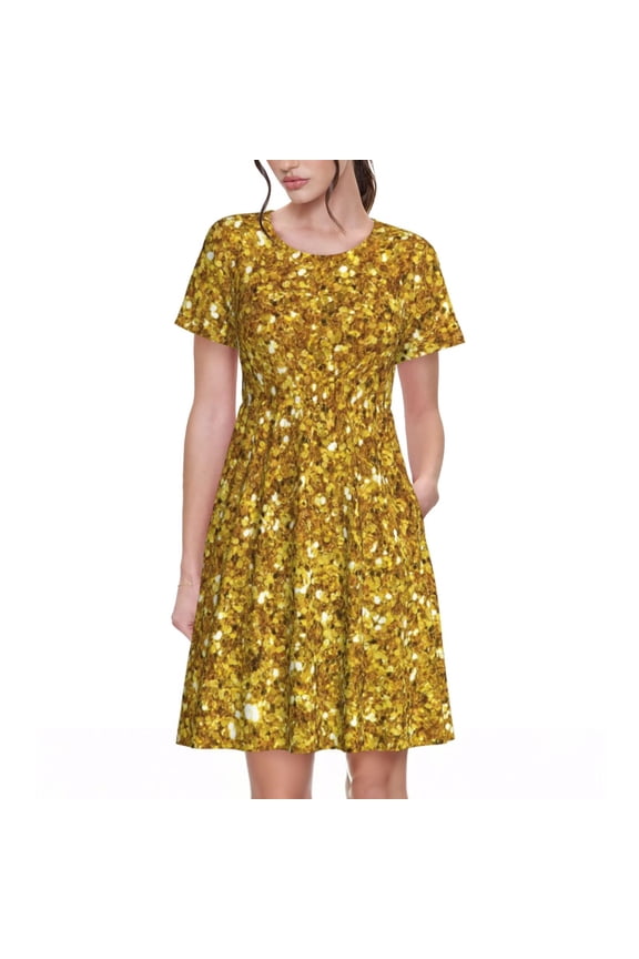 Gold Glitter Pattern Women's Short Sleeve Summer Dress Pleated Loose Swing Knee Length Short Sleeve Swing Dresses