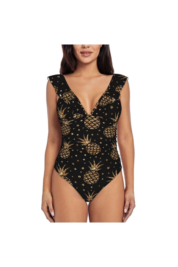 Gold Glitter Pineapples Blooming Jelly Womens Tummy Control Bathing Suits Slimming Ruffle Swimsuit One Piece Lace Swimwear-
