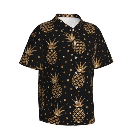 Picia Gold Glitter Pineapples Gentle Cotton Regular Fit Short Sleeve Casual Hawaiian Shirt for Men-3X-Large