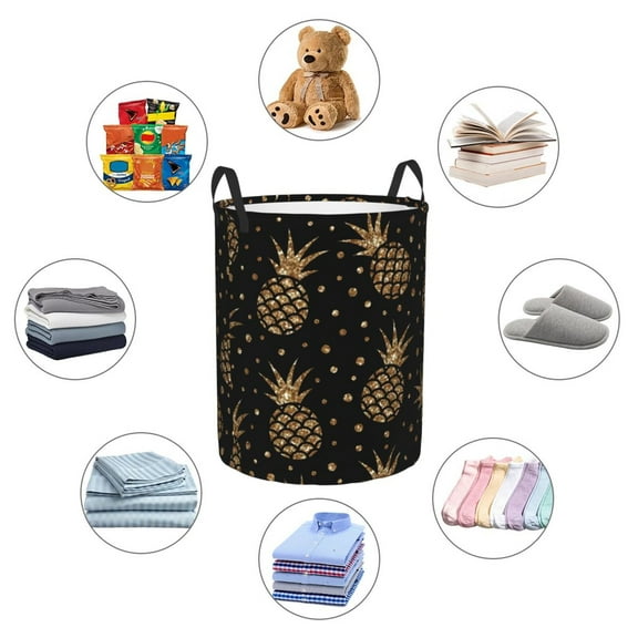 Picia Gold Glitter Pineapples Large Laundry Basket, Waterproof, Freestanding Laundry Hamper, Collapsible Tall Clothes Hamper with Extended Handles-