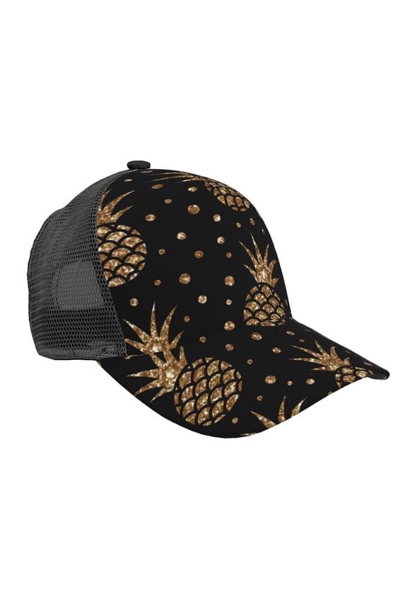 Gold Glitter Pineapples Pattern Trucker Hat,Baseball Cap,Sun Protection Cap,Stylish Headwear,Leisure Cap,Outdoor Sports Cap