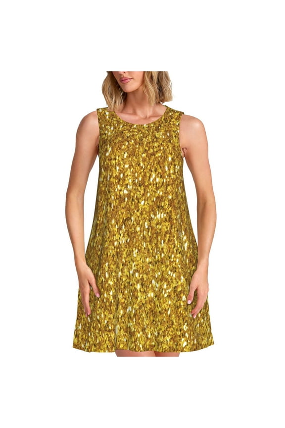 Gold Glitter Print Women’s Sleeveless Midi Swing Dress – A-Line Pleated Tank Sundress, Comfortable and Flowy T-Shirt Dress