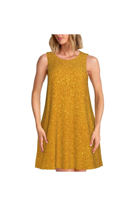 Gold Glitter Print Women’s Sleeveless Midi Swing Dress – A-Line Pleated Tank Sundress, Comfortable and Flowy T-Shirt Dress