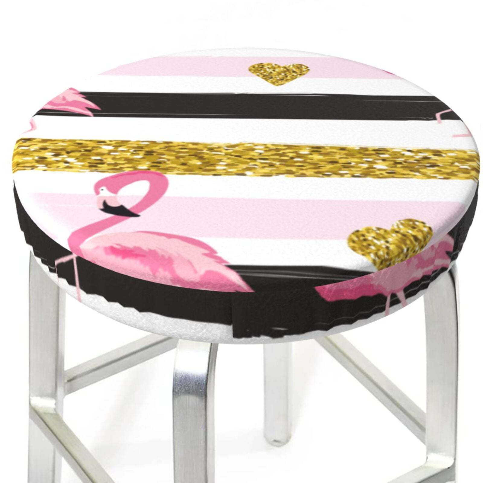 Picia Gold Glittering Hearts and Flamingos pattern Round Stool Covers