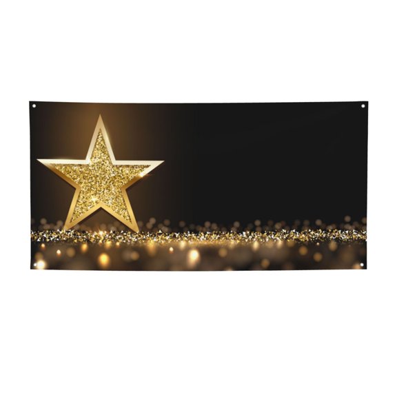 Picia Gold Glittering Stars Pattern Party Banner, Festive Decoration, Holiday Banner, Celebration Decor, Event Banner, Reusable Party Banner-Medium