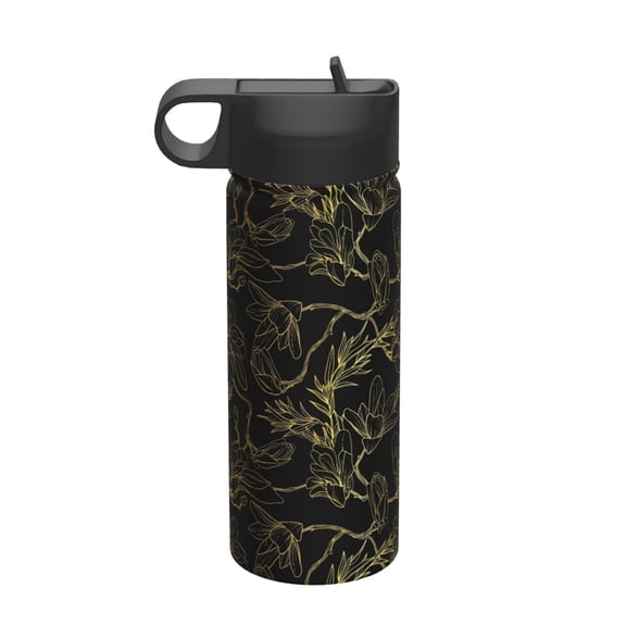 Picia Gold Gloss Outline Floral Pattern 18oz Sports Insulated Kettle With Straw Insulated Water Bottle For Running Hiking Cycling Climbing Men'S Woman Insulated Water Bottle