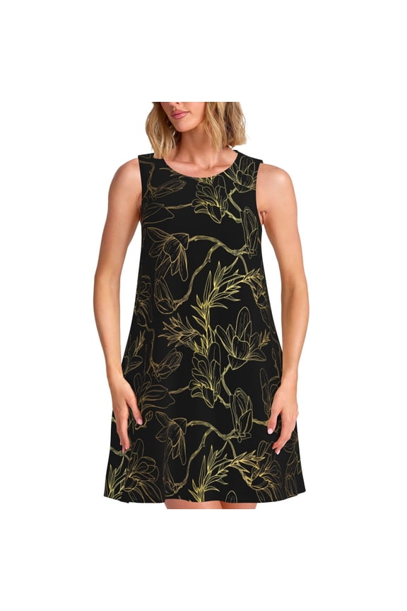 Gold Gloss Outline Floral Print Women’s Sleeveless Midi Swing Dress – A-Line Pleated Tank Sundress, Comfortable and Flowy T-Shirt Dress