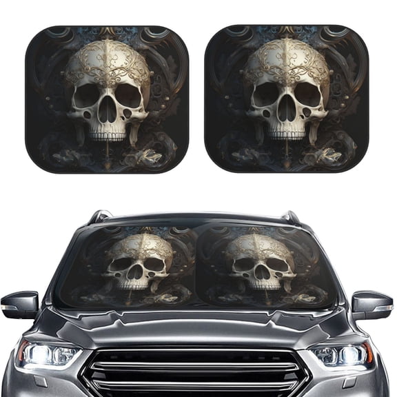 Picia Gold Pattern Skull 2 Piece Car Windshield Sun Shade Foldable | Foldable Sun Shield for Front Window Blocks UV Rays and Keeps Your Vehicle Cool-Large