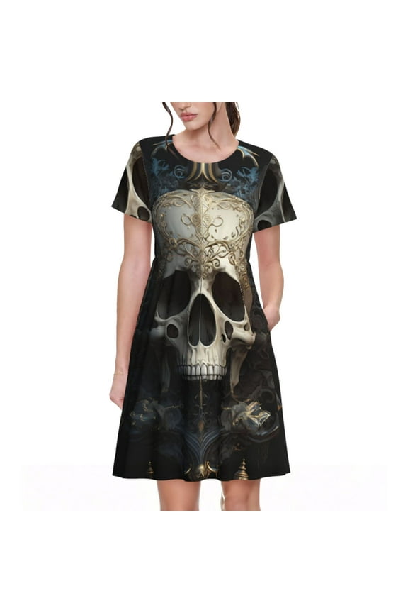 Gold Pattern Skull Pattern Women's Short Sleeve Summer Dress Pleated Loose Swing Knee Length Short Sleeve Swing Dresses