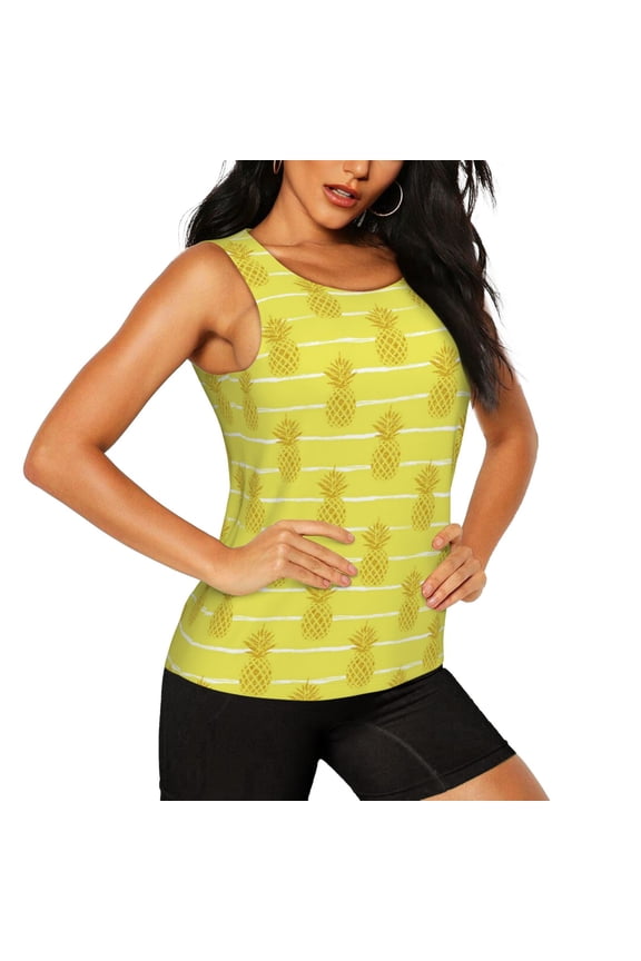 Gold Pineapple Pattern Women's Workout Tank Top,Breathable Activewear,Slim Fit Athletic Top,Versatile Workout Moisture-wicking top-Large