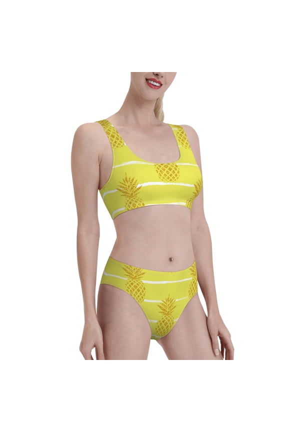 Gold Pineapple Women's High Waisted Bikini Scoop Neck Swimsuit Two Pieces Bathing Suit-Medium