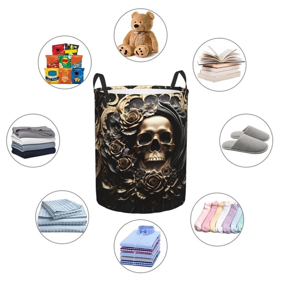 Picia Gold Rose Skull Large Laundry Basket, Waterproof, Freestanding Laundry Hamper, Collapsible Tall Clothes Hamper with Extended Handles-Medium