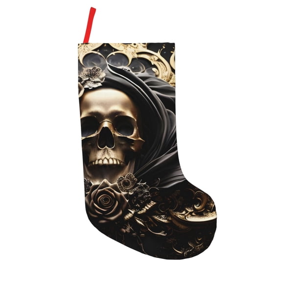 Picia Gold Rose Skull for 18in Christmas Stockings, Xmas Stocking for Kids, Holiday and Family Stocking for Fireplace or Party Decoration