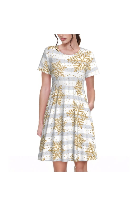 Gold Snowflake Pattern Women's Short Sleeve Summer Dress Pleated Loose Swing Knee Length Short Sleeve Swing Dresses