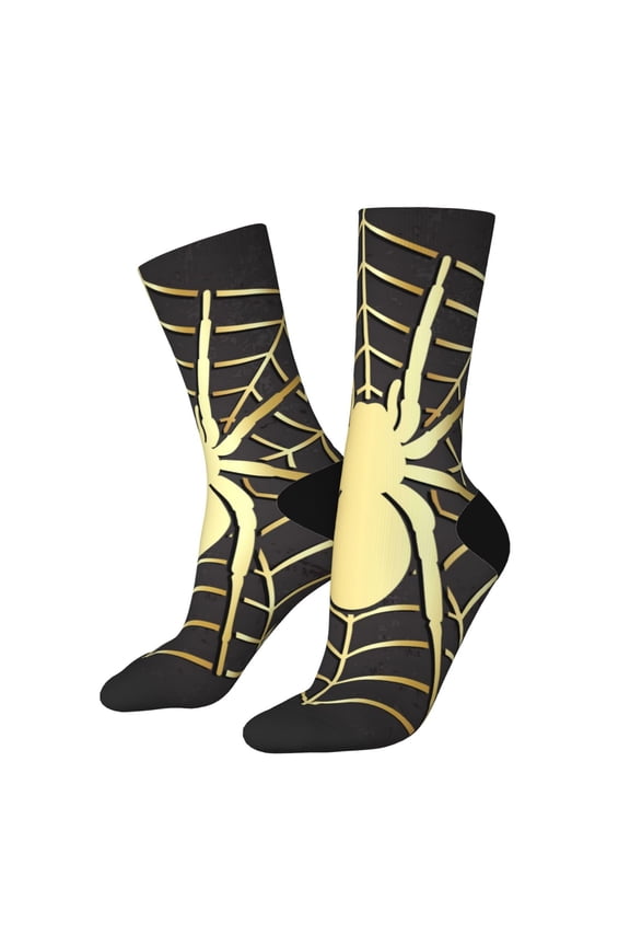 Gold Spider On The Web Print Athletic Socks for Men & Women – Cushioned Moisture-Wicking Crew Socks for Sports, Running, and Training, Soft & Breathable Size 5-11