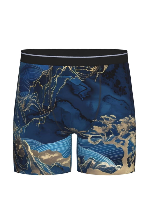 Golden Blue Mountains Pattern Men's Athletic Long Leg Briefs , Performance Stretch Underwear，Moisture-Wicking