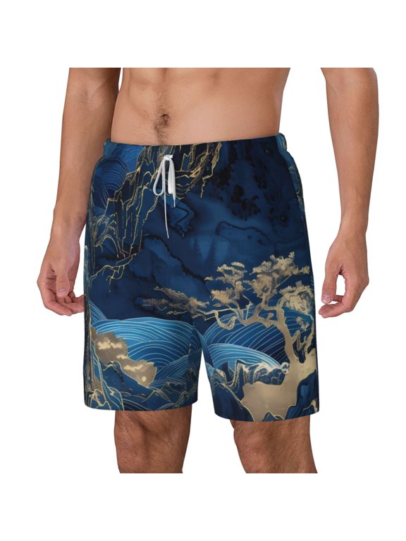 Golden Blue Mountains pattern Mens Swim Trunks with Compression Liner Stretch Beach Shorts Quick Dry with Zipper Pockets No-Chafing Board Shorts-Small
