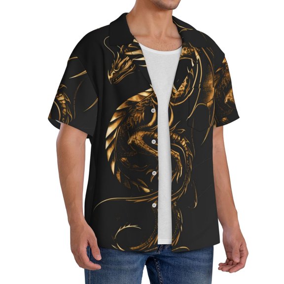 Picia Golden Dragon Tattoo Art Men's Linen Shirts Short Sleeve Cuban Beach Shirts Casual Shirts Button Down Shirt for Men Beach Summer Wedding Shirt-Medium