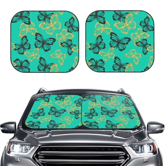 Picia Golden Glitter Butterflies 2 Piece Car Windshield Sun Shade Foldable | Foldable Sun Shield for Front Window Blocks UV Rays and Keeps Your Vehicle Cool-Medium