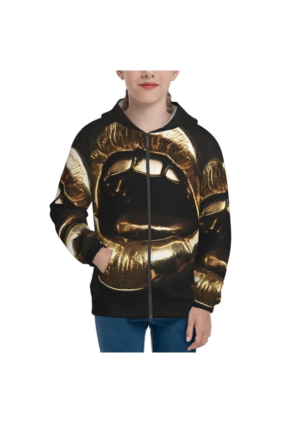 Golden Lips Modern Sculpture for Boys Fashion Full-zip Hoodies & Sweatshirts with Kangaroo Pocket,Zip-up Hooded Sweatshirt for Kid, Moisture Wicking & Breathable-Small