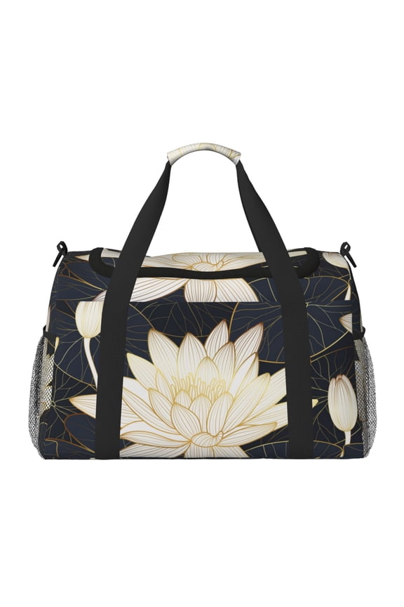 Golden Lotus Print Travel Duffle Bag,Weekender Bags for Women with Shoe Compartment, Gym Duffel Bag with Wet Pocket, Hospital Bags for Labor and Delivery
