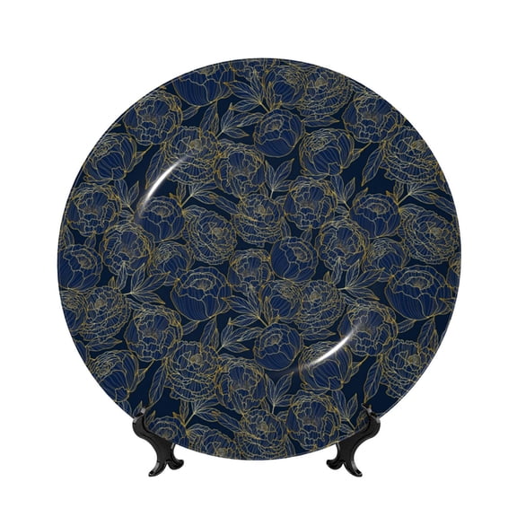 Picia Golden Peonies Pattern Bone China Decorative Plate – Wall Decor with Stand and Adhesive, Elegant Ornament for Living Room, Office, or Entryway-7in