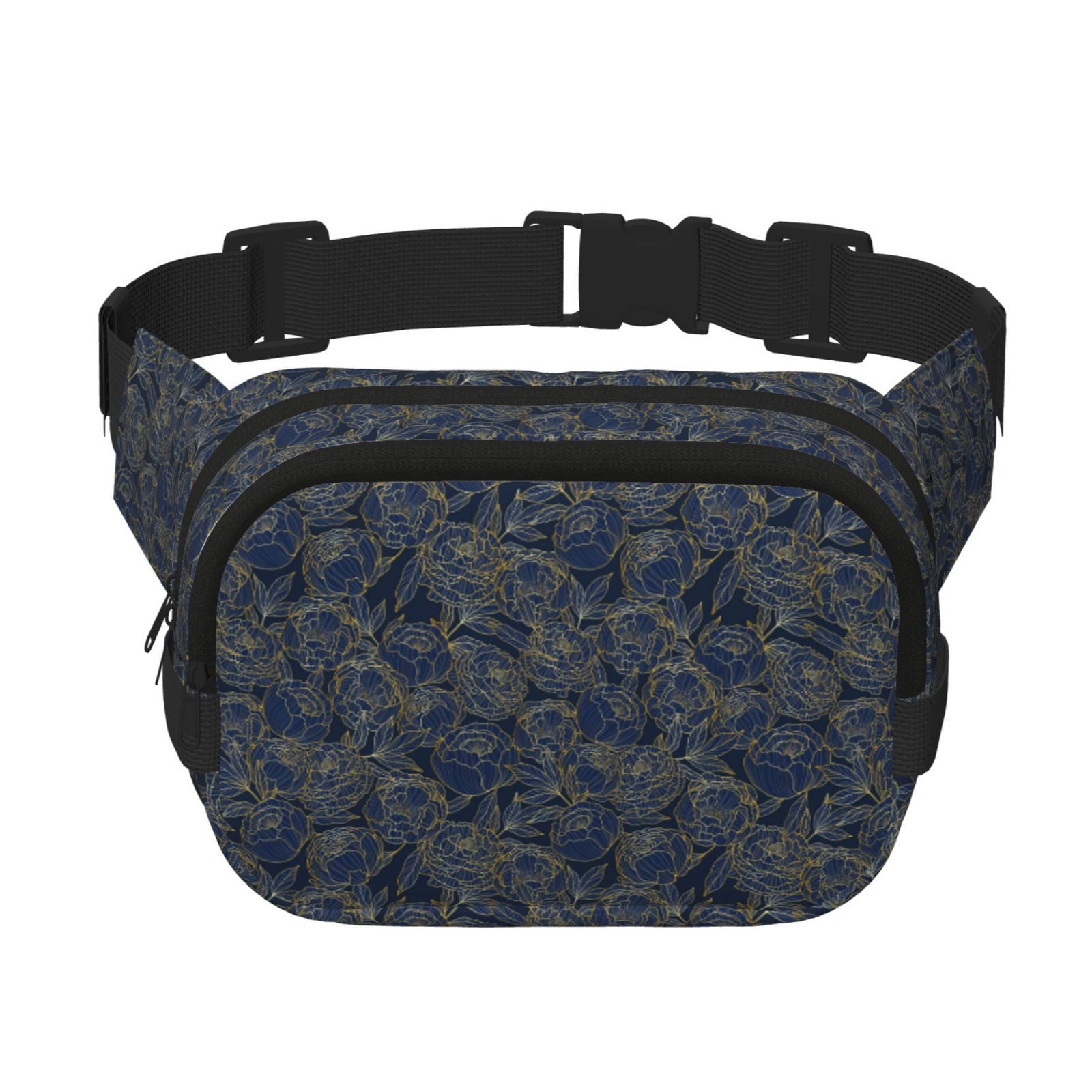 Picia Golden Peonies Print Square Double-Layer Waist Bag Mini Adjustable Waist Belt Bag Exercise Running Travel Hiking