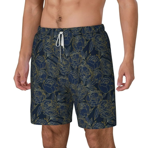 Picia Golden Peonies pattern Mens Swim Trunks with Compression Liner Stretch Beach Shorts Quick Dry with Zipper Pockets No-Chafing Board Shorts-3X-Large