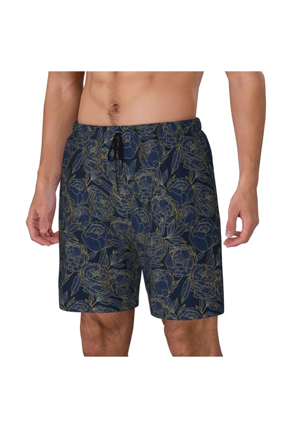 Golden Peonies pattern Mens Swim Trunks with Compression Liner Stretch Beach Shorts Quick Dry with Zipper Pockets No-Chafing Board Shorts-Large