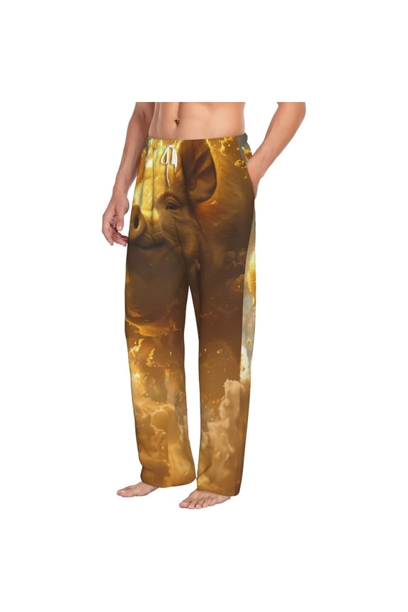Golden Pig Cloud Fantasy Mens Soft Woven Cotton Elastic Waistband Sleep Pajama Pant Lounge Sleep Pant With Pockets And Drawstring-Large