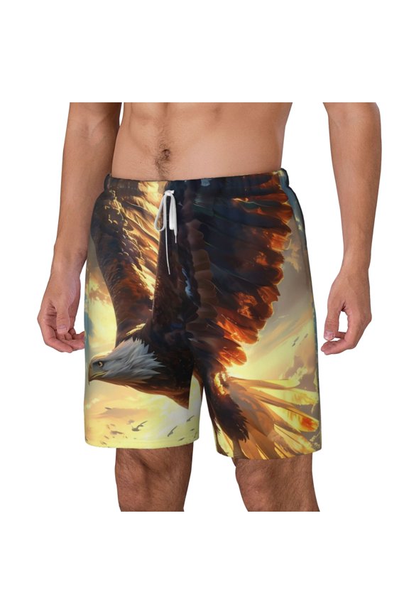 Golden Sky Bald Eagle pattern Mens Swim Trunks with Compression Liner Stretch Beach Shorts Quick Dry with Zipper Pockets No-Chafing Board Shorts-Medium