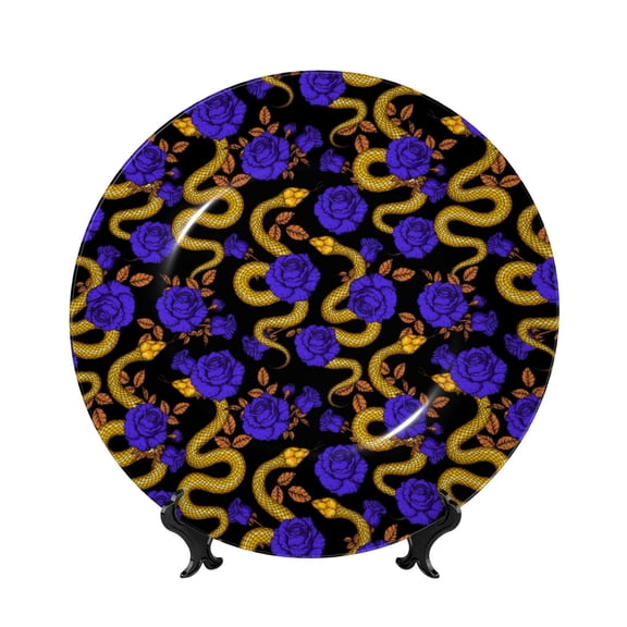 Picia Golden Snake And Purple Rose Pattern Bone China Decorative Plate – Wall Decor with Stand and Adhesive, Elegant Ornament for Living Room, Office, or Entryway-7in
