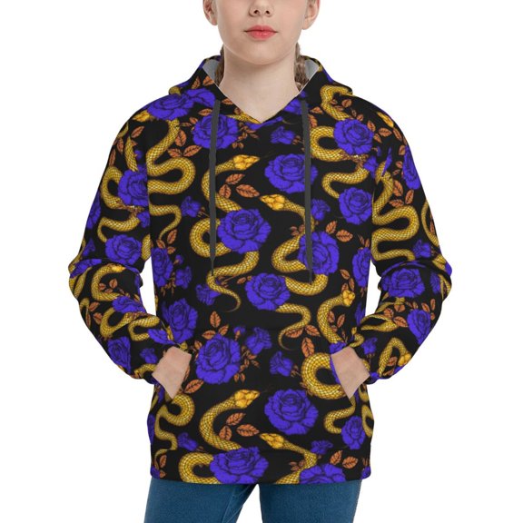 Picia Golden Snake And Purple Rose Pattern Youth Hoodie - Warm Pullover Sweatshirt with Kangaroo Pocket, Ideal for Boys and Girls-Small