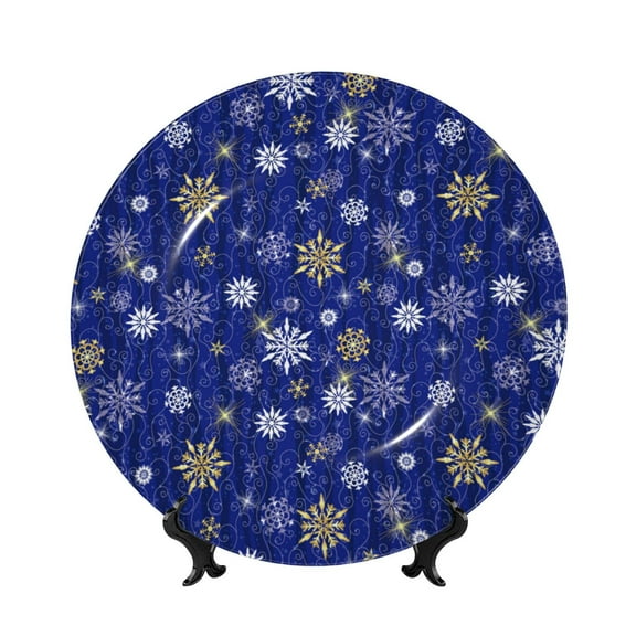 Picia Golden Snowflakes Royal Blue Pattern Bone China Decorative Plate – Wall Decor with Stand and Adhesive, Elegant Ornament for Living Room, Office, or Entryway-6in