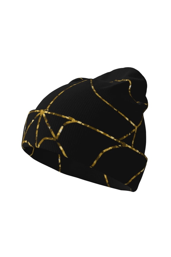 Golden Spider Web Pattern Knitted Beanie Hat for Men and Women , Unisex Winter Warm Stretchy Knit Cap Thick Fisherman Beanies Cuffed Plain Skull Caps